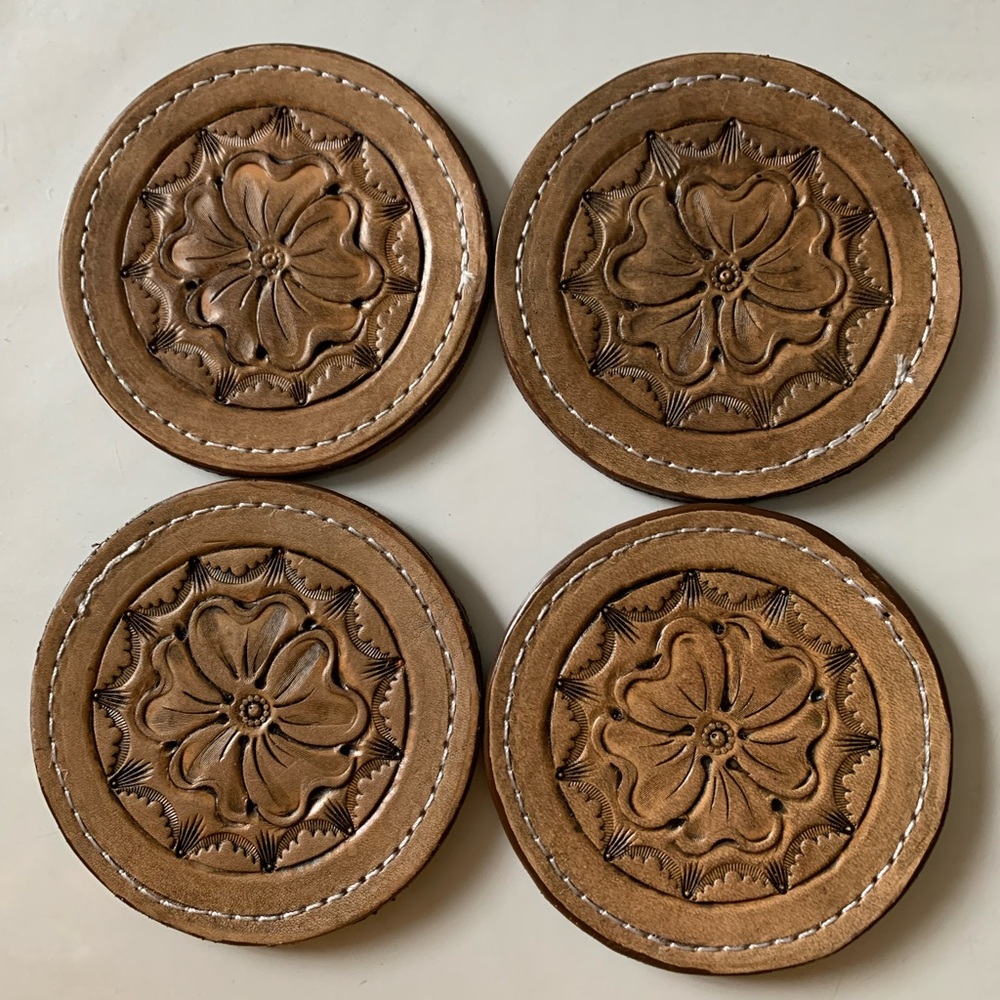 Leather tooled and stamped coasters